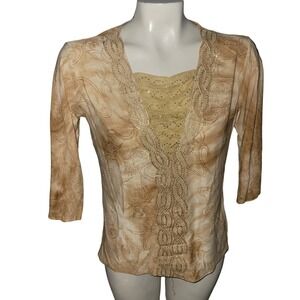 Womens NEW Beaded Illusion Neckline 3/4 Sleeve Shirt Top Gold Tan Swirl Pattern